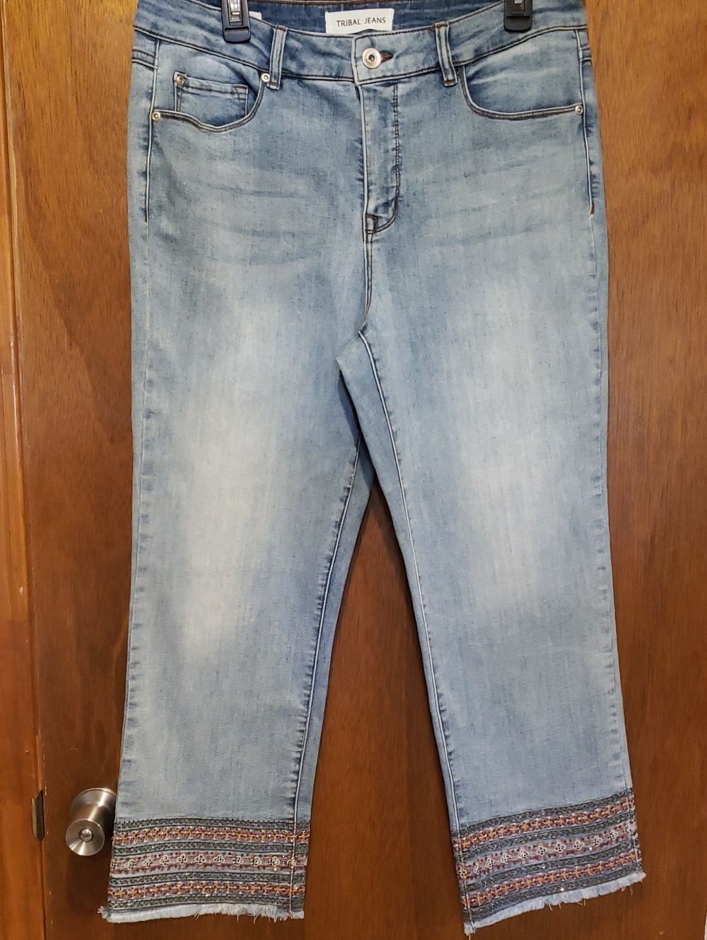 Tribal Light Blue Boho Embroidered Rhinestone Hem Cropped Jeans